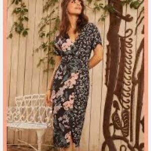 Forest Lily Wrap Floral Midi Dress - Black and Pink Size Medium NWT